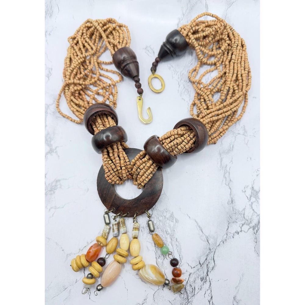 Chunky Multi Strand Wood Bead Necklace 24" Boho Statement Natural Stone